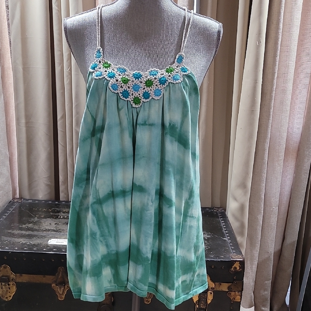Vintage Free People Crochet Green Tie-Dye Tank M